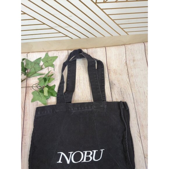 NOBU Black Canvas Tote Bag "NOBU" White Embroidered Cotton Shoulder Bag - Picture 2 of 11